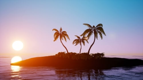 Tropischer Inselsonnenaufgang mit Palmen und klarem Himmel