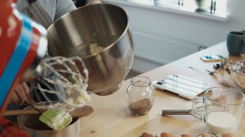 View of Female Hand Putting the Batter in the Bowl Young Woman Blending Ingredients, Using Mixer