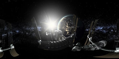 Un astronaute et une station spatiale internationale en orbitant autour de la Terre en réalité virtuelle