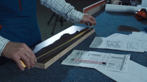 Worker Measuring Plank in Shop