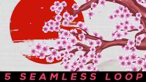 Animated Japanese Cherry Blossom Landscape with Red Sun Background