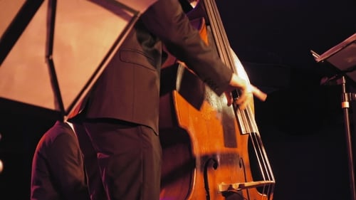 Jazz Musician Playing Upright Bass on Stage at Night
