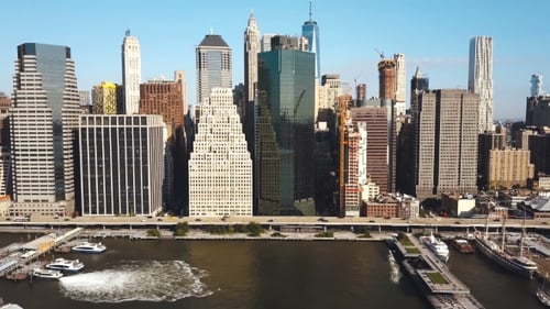 Aerial View of the New York, America. Drone Flying Away From the Manhattan on the Shore of the East