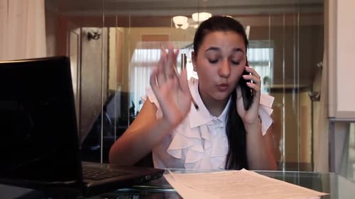 Woman Talking on Phone at Desk in Office