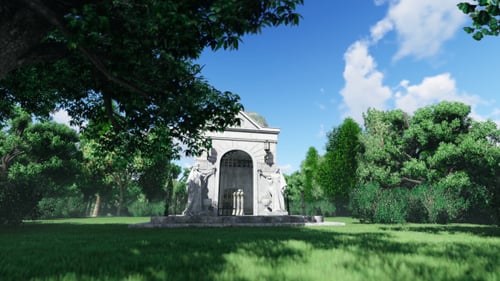 Animated 3D Mausoleum in a Serene Park with Blue Sky