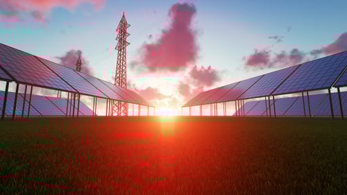 Renewable Energy Solar Panels at Sunrise Sunset