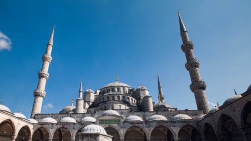 Pan of The Blue Mosque or Sultanahmet Outdoors in Istanbul in Turkey
