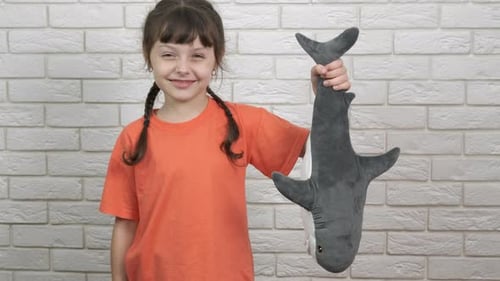 Child Holds Stuffed Shark in Front of Wall