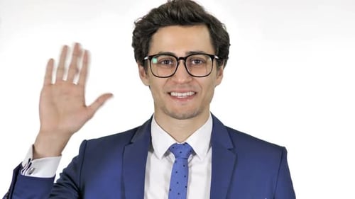 Hello Welcoming Young Businessman Isolated on White Background