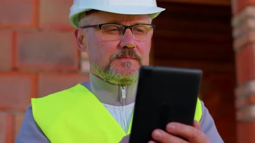 Architect Man with Digital Tablet Computer at Construction Site Analyzing Blueprints Building House