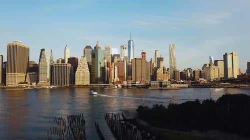 Drone Flying From the Brooklyn, View on Manhattan in New York, America