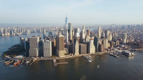 Aerial View of Busy New York City in America, Manhattan District on the Shore of East River