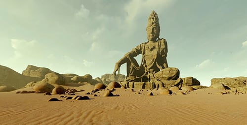 Ancient Desert Statue Panorama: Spiritual Meditation Scene