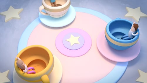 Playful 3D Teacup Ride with Cheerful Spinning Characters