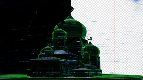 Rotating Green Wireframe Mosque with Glitch Effect Animation