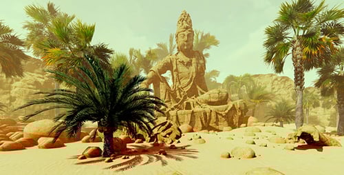 Serene Ancient Buddha Statue in Desert Oasis
