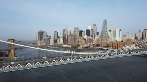 Aerial View of Downtown in New York, America. Drone Flying Over Manhattan Bridge and Under Brooklyn