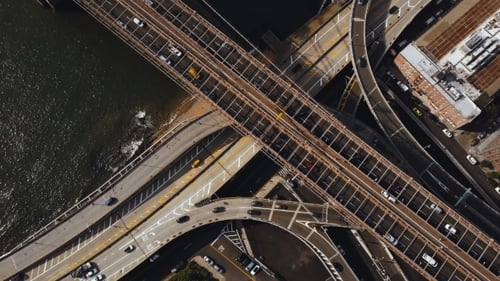 Aerial Top View of Traffic Road in New York, America. Flying Over Traffic Intersection on