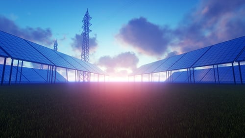 Solar Panels with Power Lines at Sunrise