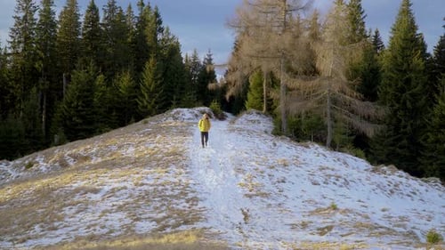 A Man with a Backpack Travels in the Forest in Winter