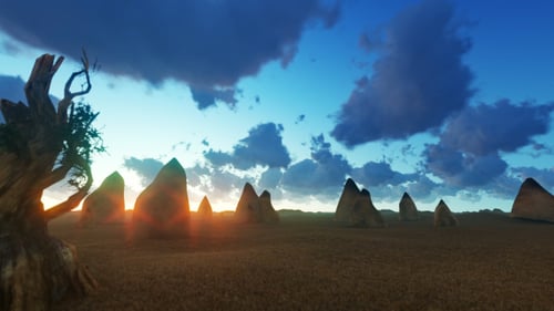 Sunrise Over Desert Landscape with Ancient Stones and Moving Clouds