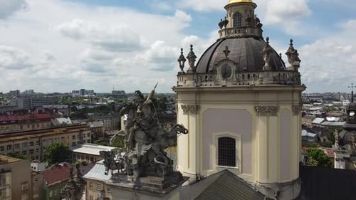 Aerial drone view of a flying over the Catholic Cathedral.