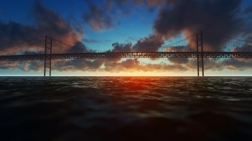 Blick auf die Brücke über das Meer am Abend