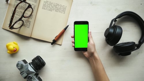 Hands Use Phone with Differed Chroma Key Screens - Red, Blue, Green