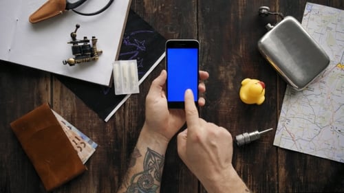 Hands Use Phone with Differed Chroma Key Screens - Red, Blue, Green