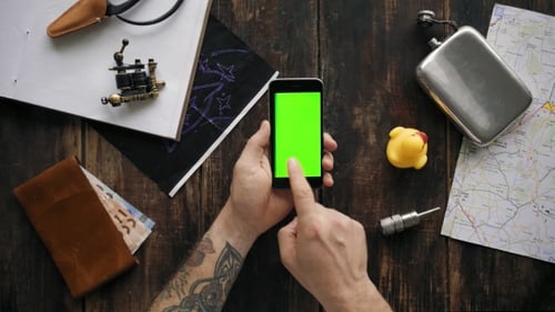 Hands Use Phone with Differed Chroma Key Screens - Red, Blue, Green