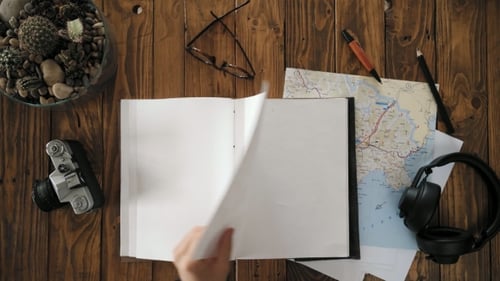 Mans Hands Open Handmade A4 Notebook with Real Leather Cover