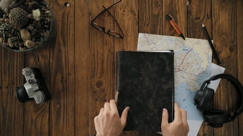 Mans Hands Open Handmade A4 Notebook with Real Leather Cover