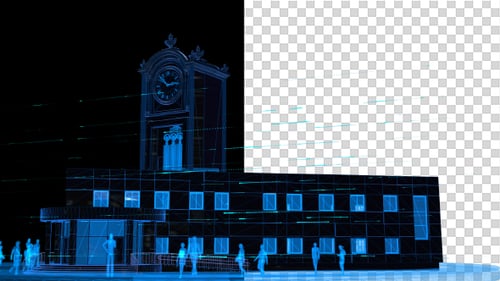 Futuristic Wireframe Building with Clock and Animated People