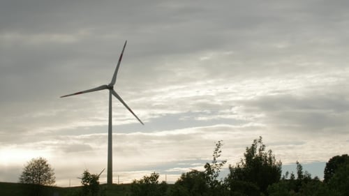 Wind Turbine Farm, Electric Power Generators, on Field on Cloudy Sky Background