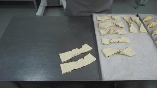 Last Preparation Before Baking Baker Glazing Croissants with Egg Wash Working at His Kitchen, Make