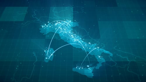 Futuristic Digital Map of Italy with Network Data Flow