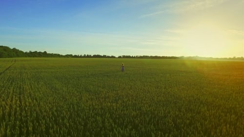 Молодая женщина, бегущая по полю. Пейзаж Женщина в сельском хозяйстве