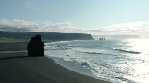 Famous Reynisdrangar Rock Formations at Black Reynisfjara Beach. Coast of the Atlantic Ocean