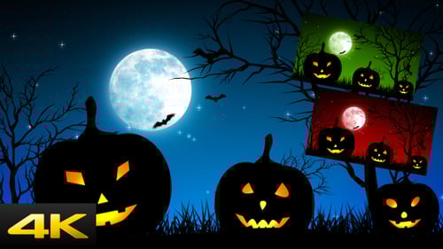 Animated Halloween Night with Pumpkins, Bats, and Full Moon