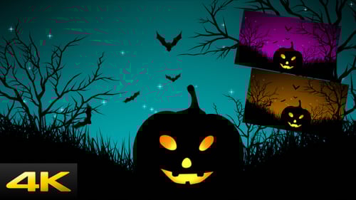 Spooky Halloween Night Animation with Jack-o'-Lantern and Flying Bats