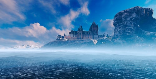 El viejo castillo en la niebla de la mañana