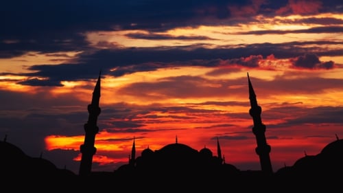 Famous Sultanahmet or Blue Mosque in Istanbul Cityscape at Sunset, Turkey