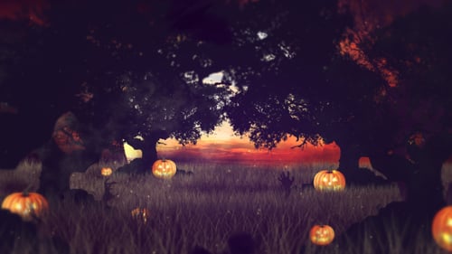 Spooky Halloween Night Landscape with Glowing Pumpkins and Bats