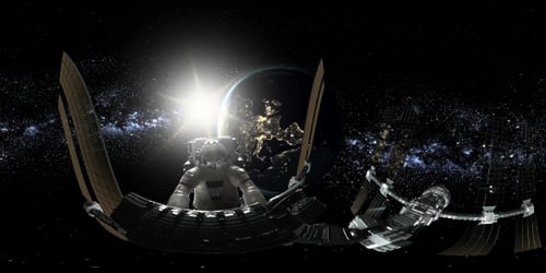 Un astronaute et une station spatiale internationale en orbitant autour de la Terre en réalité virtuelle