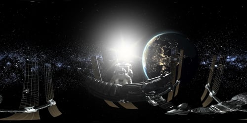 Un astronaute et une station spatiale internationale en orbitant autour de la Terre en réalité virtuelle