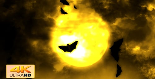 Flying Bats Silhouette Against Glowing Full Moon and Stormy Clouds