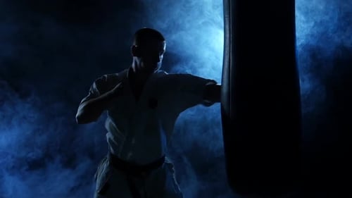 Martial Arts Master Punching Heavy Bag in Smoky Room