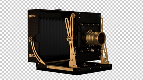 Rotating Vintage Camera with Expanding Bellows and Opening Aperture