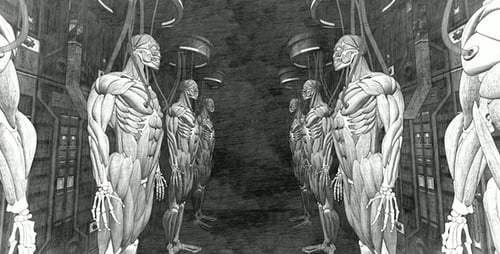 Futuristic Human Anatomy Models in a Sci-Fi Lab Sketch