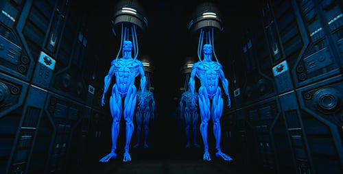 Futuristic Blue Humanoid Figures Animated in Science Fiction Corridor